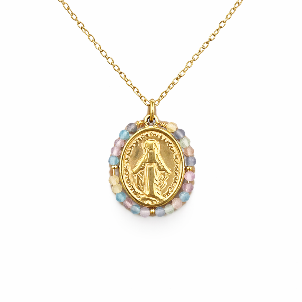 Collar VIRGEN PIEDRAS PASTEL DORADO