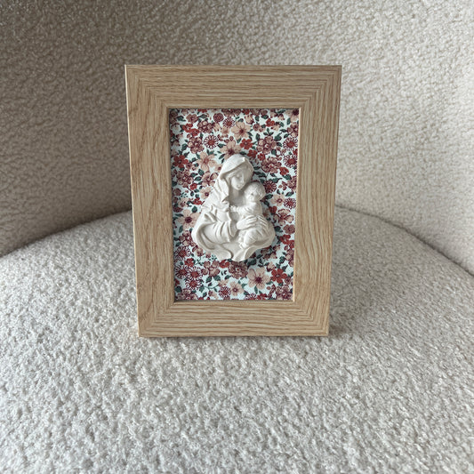 Cuadro Virgen de la Familia - Flores rosas (marco madera)